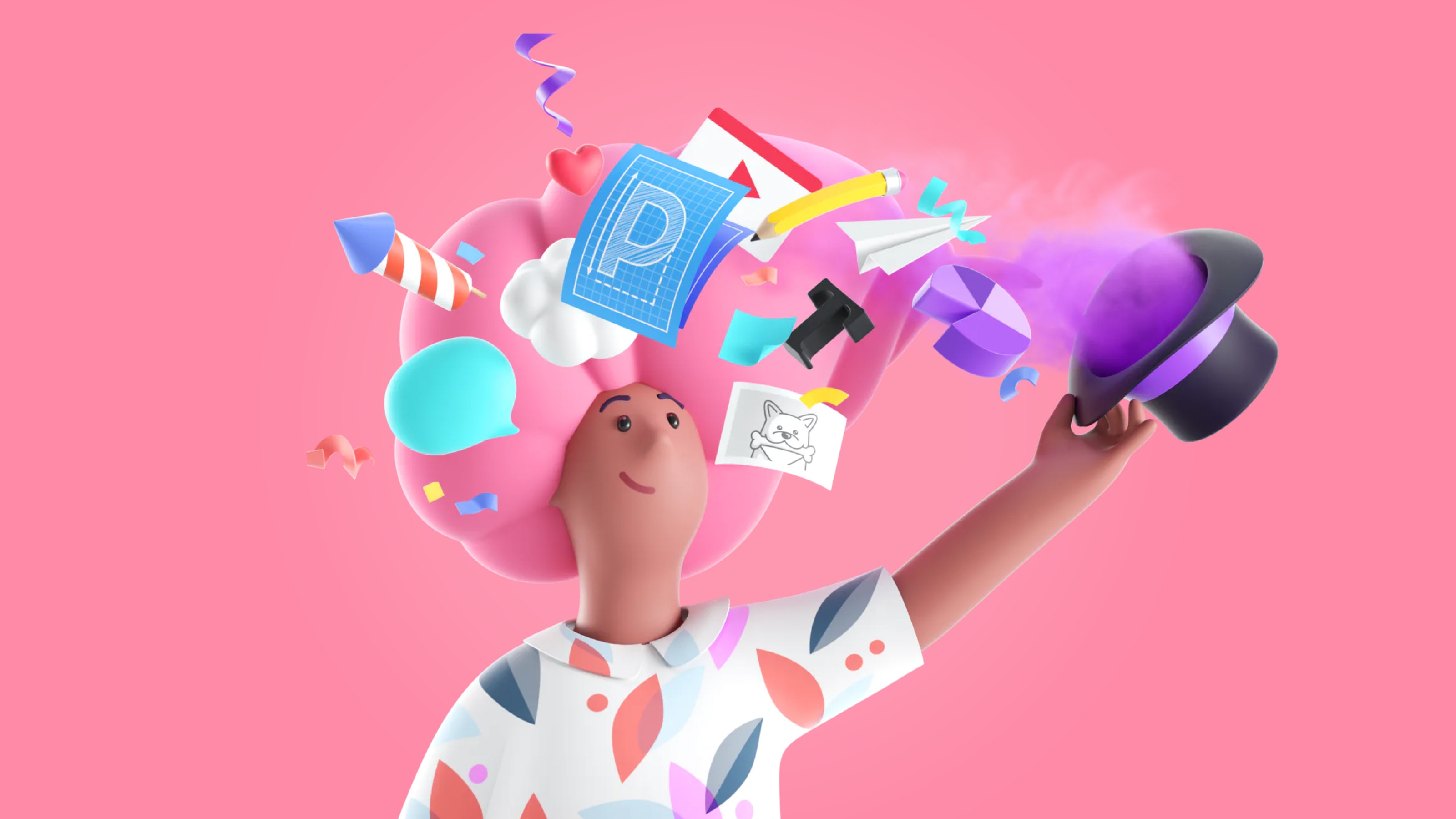 An illustration of an individual and a magic hat filled with different objects