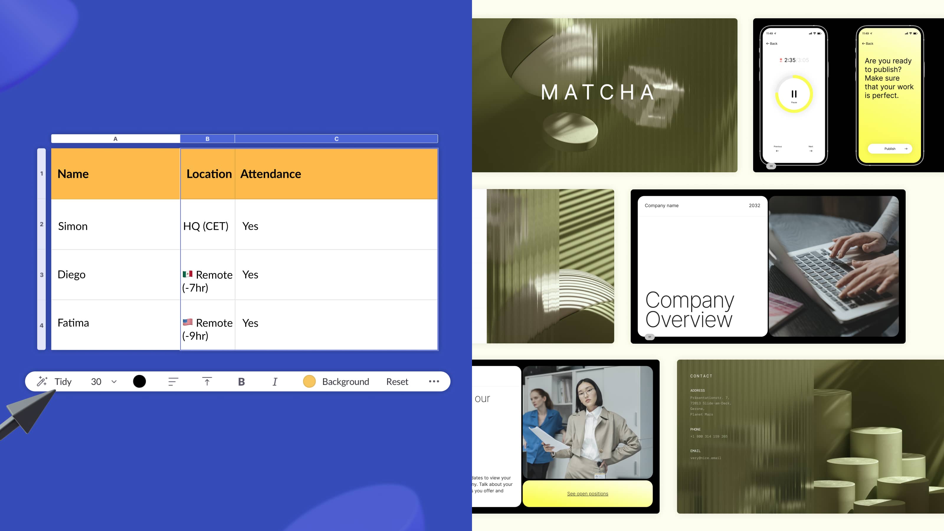 Distribute table rows and columns evenly. New company overview and matcha template.