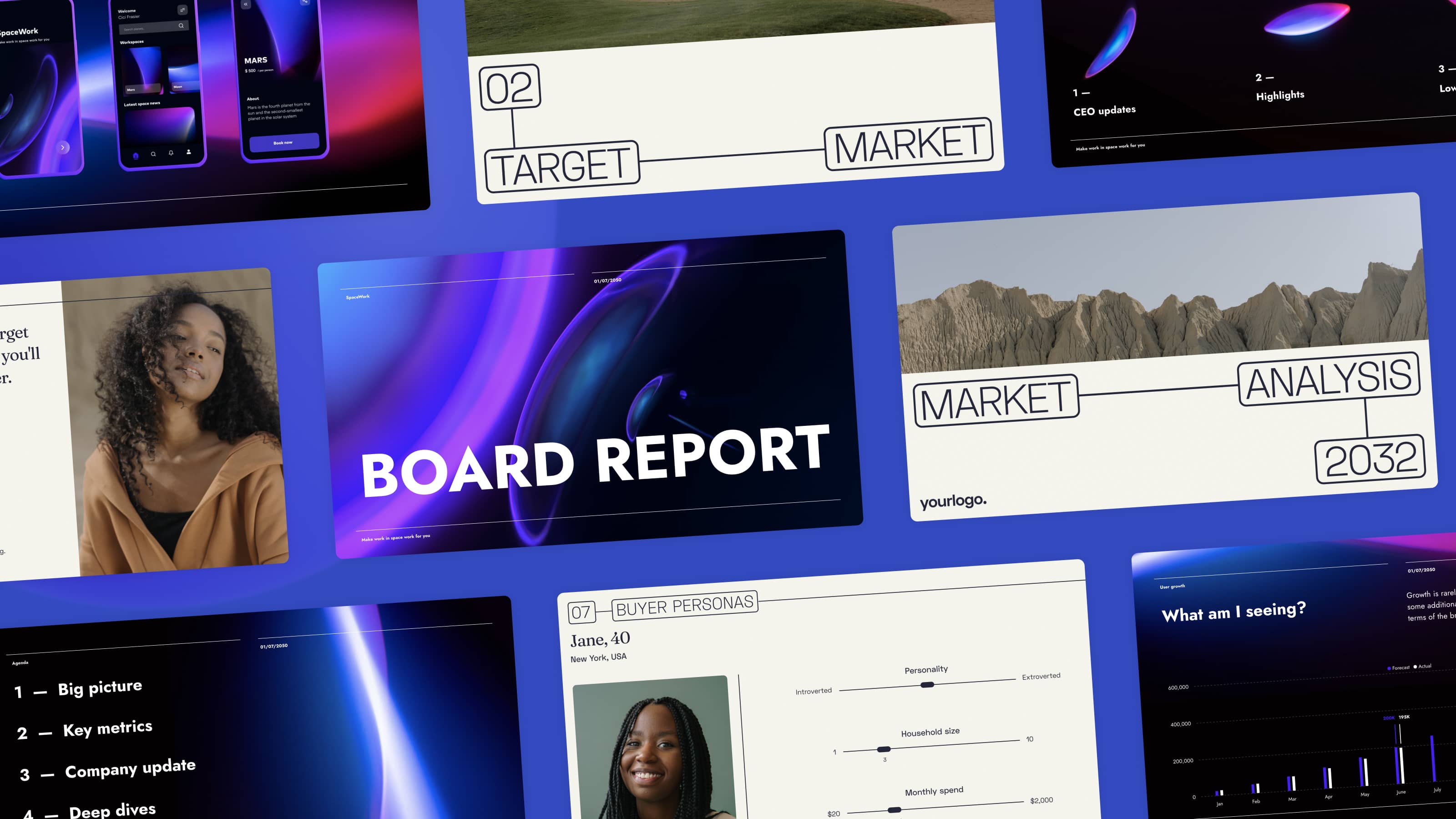 Board report presentation template and market analysis presentation template by Pitch