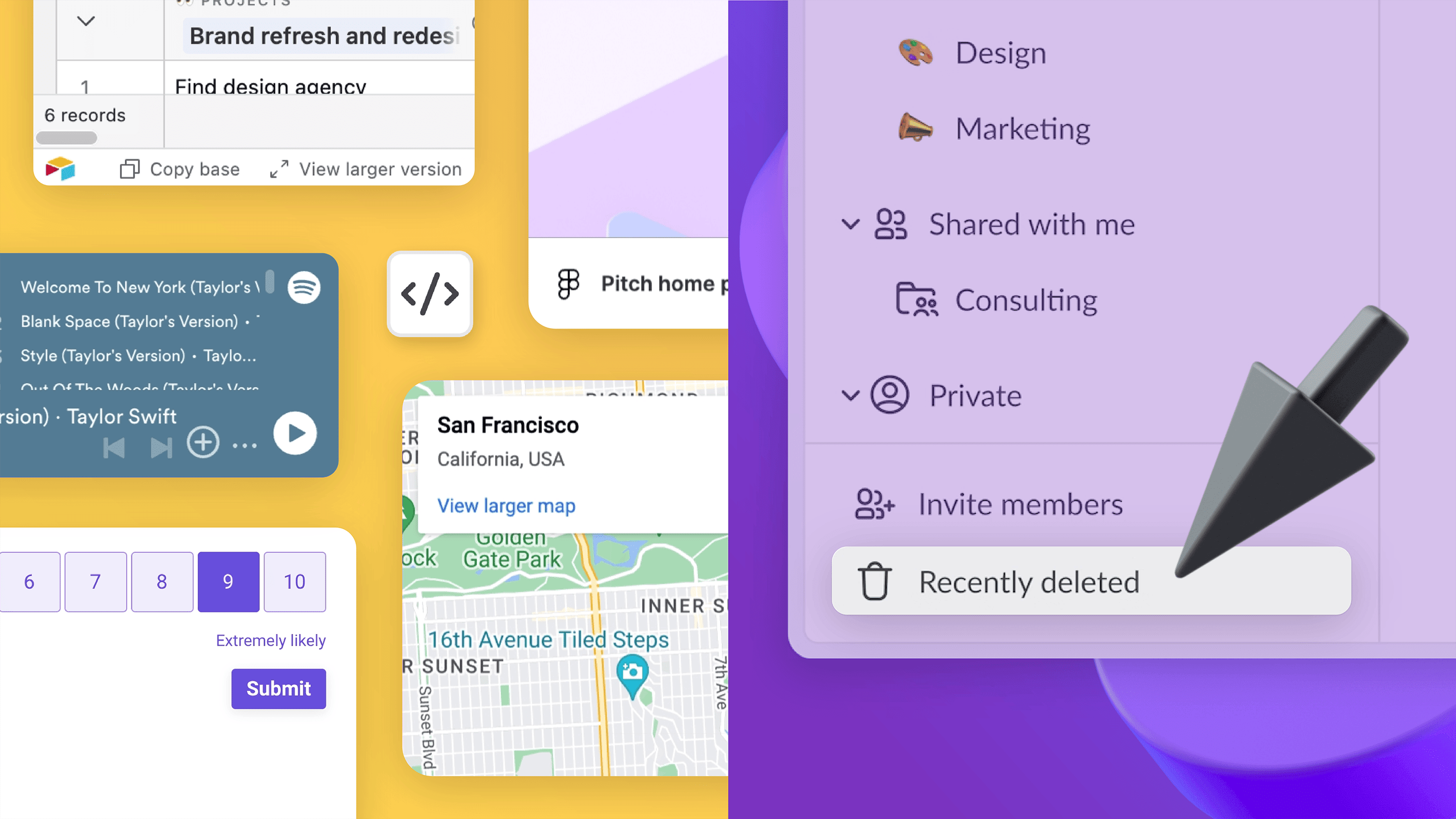 Collection of embeds on a slide and folder for recently deleted presentations