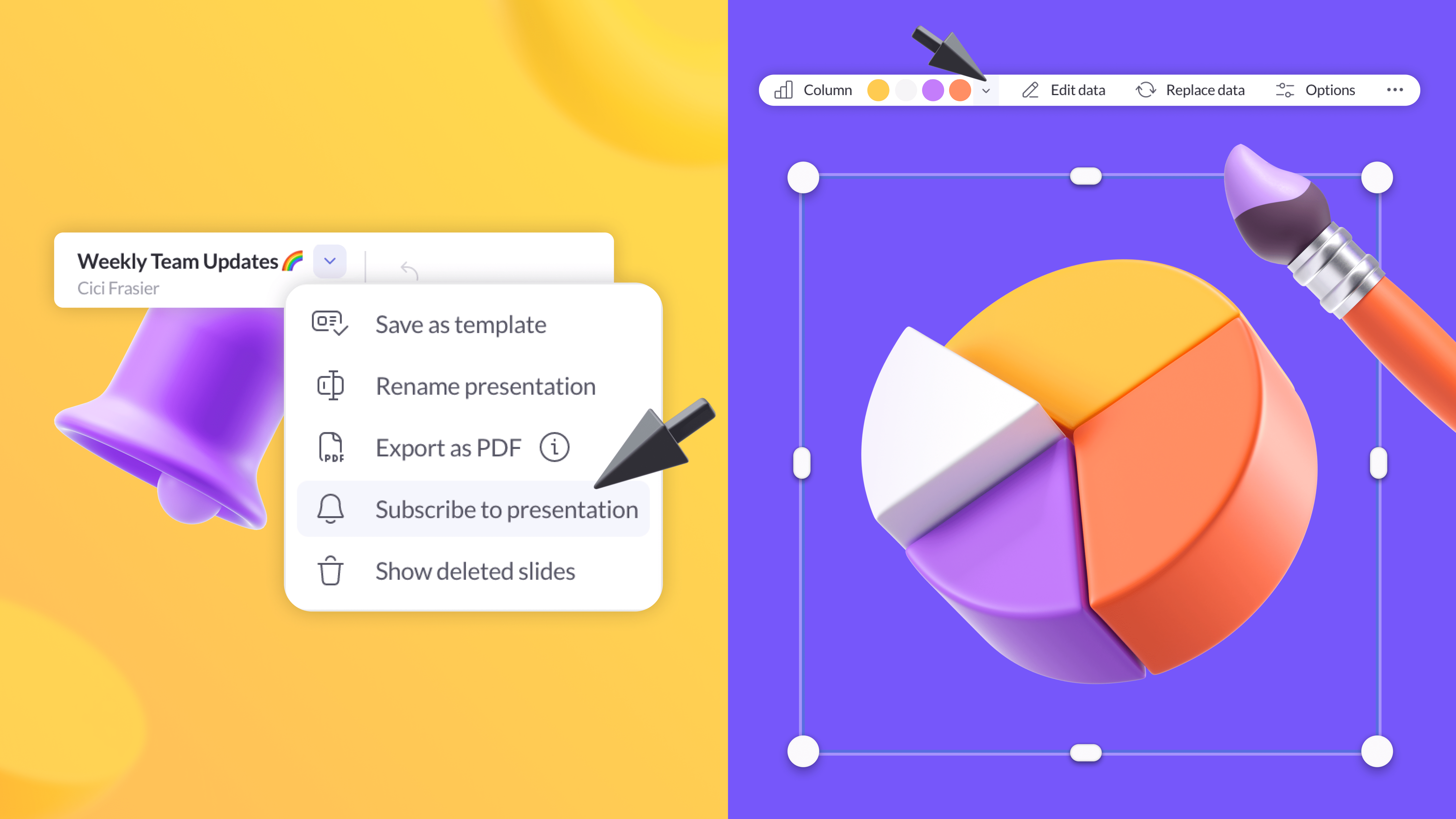 Subscribe to activity in your presentation and style charts in Pitch
