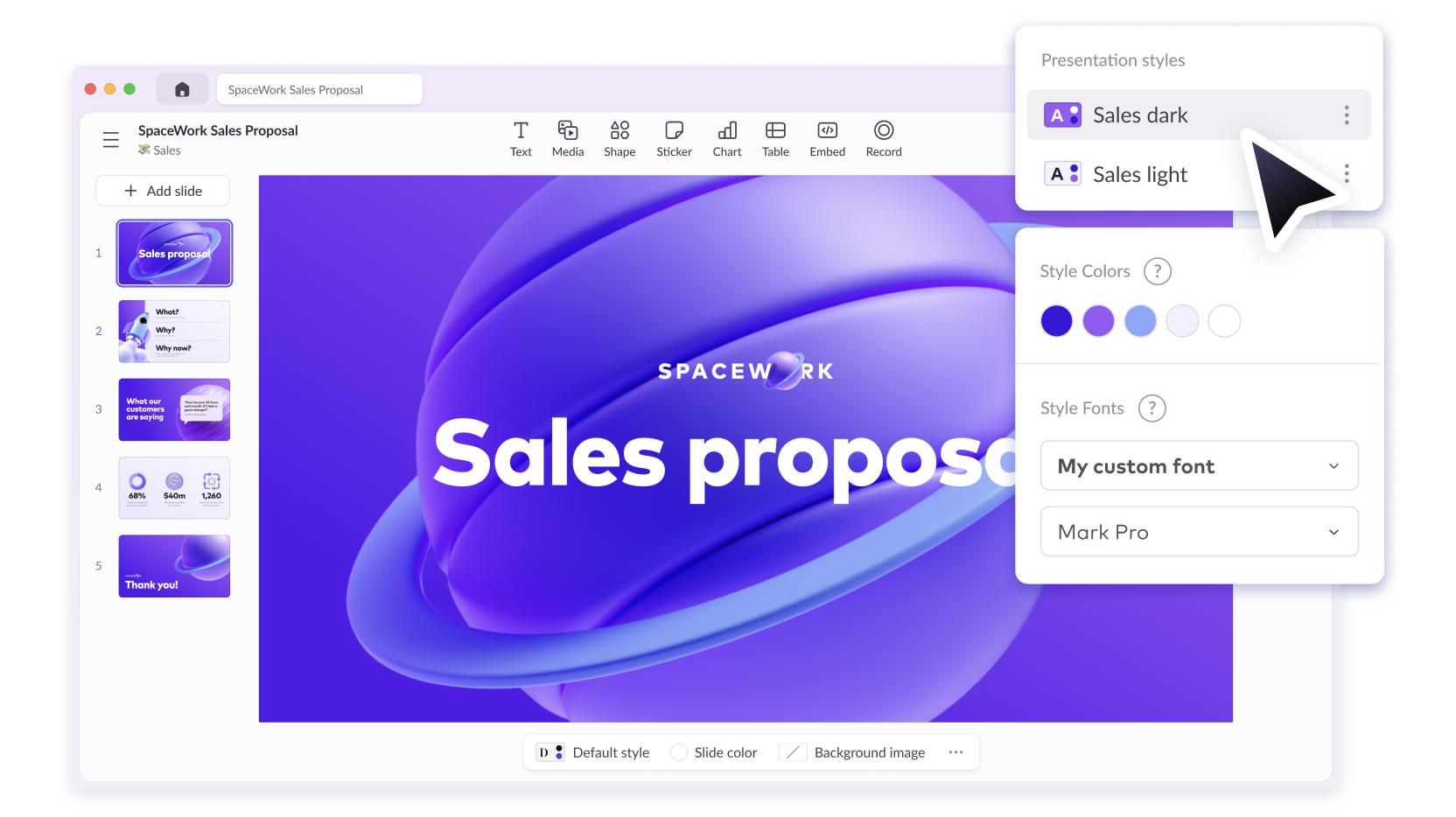 Presentation cover with a menu option to switch between light and dark style
