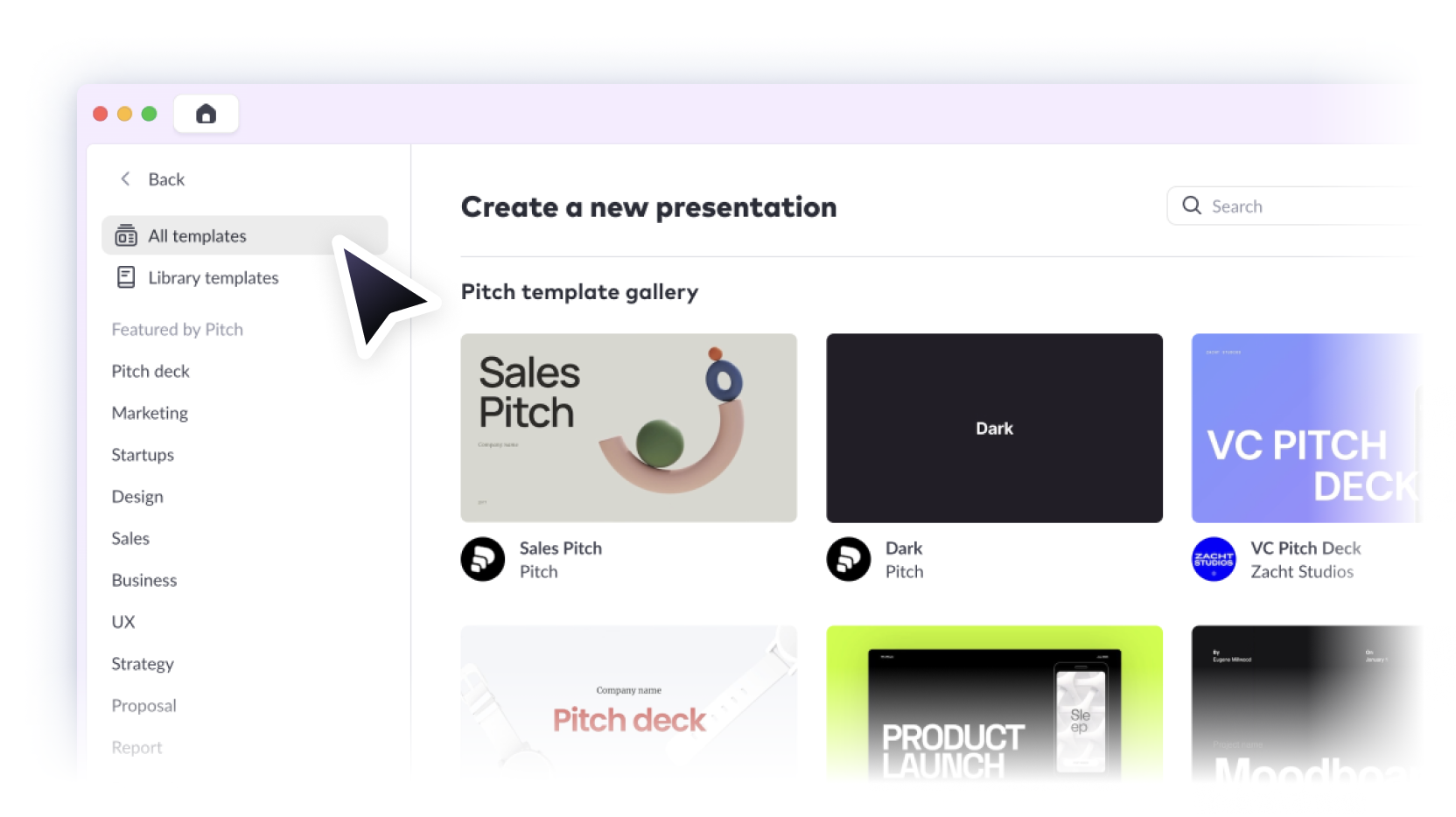 The template gallery page filtered on Pitch decks with the cover of he mobile pitch deck, project proposal, funding deck and consulting proposal